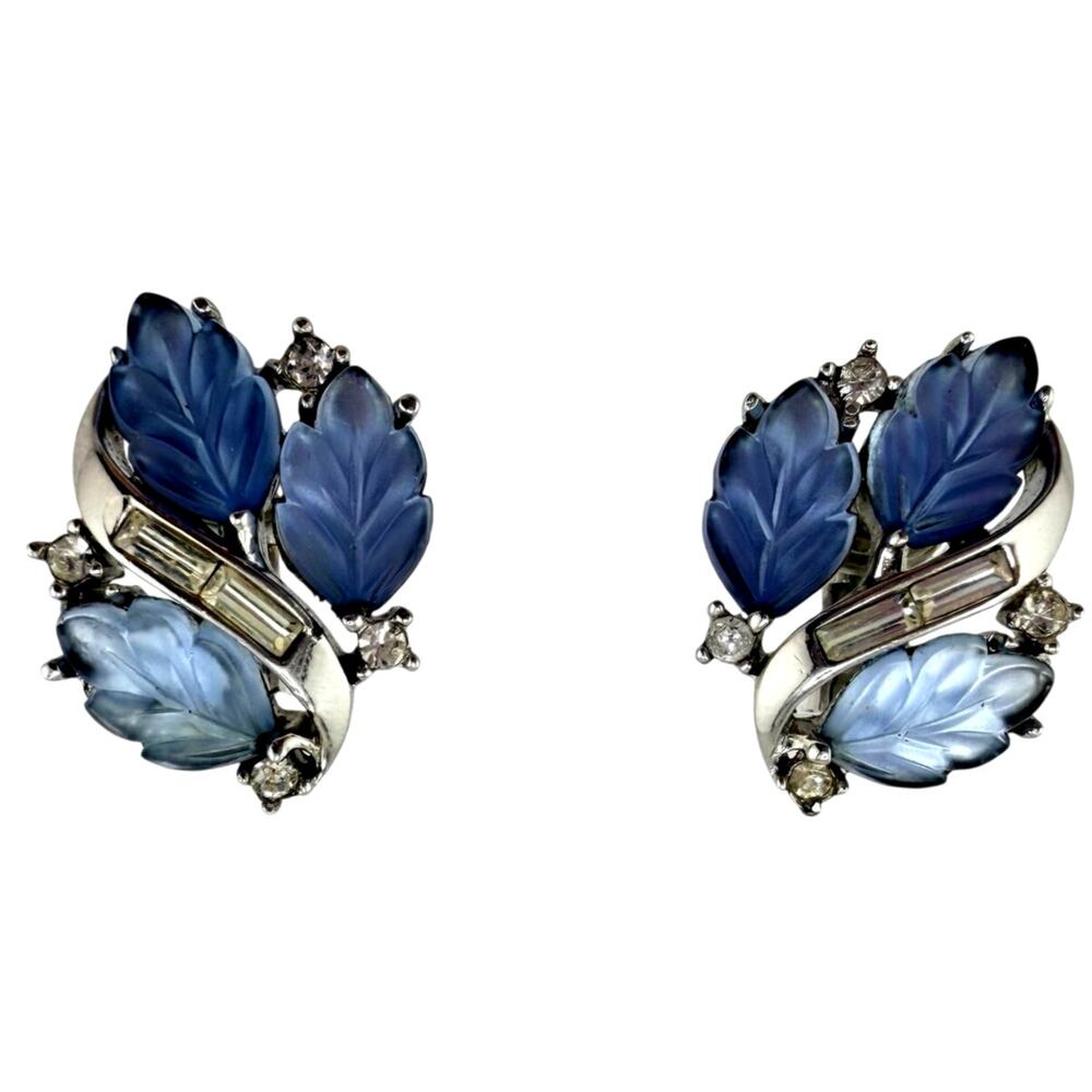 Alfred Philippe Trifari 1950s Blue Satin Glass Leaves Silver Tone 1" Earrings